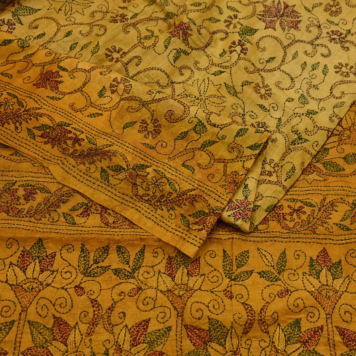Indian Vintage Saffron Saree 100% Pure Silk Hand Embroidered Kantha Sari Fabric 5Yd Sewing Floral Sequin