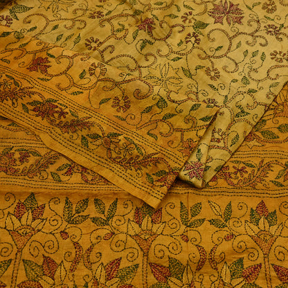 Indian Vintage Saffron Saree 100% Pure Silk Hand Embroidered Kantha Sari Fabric 5Yd Sewing Floral Sequin
