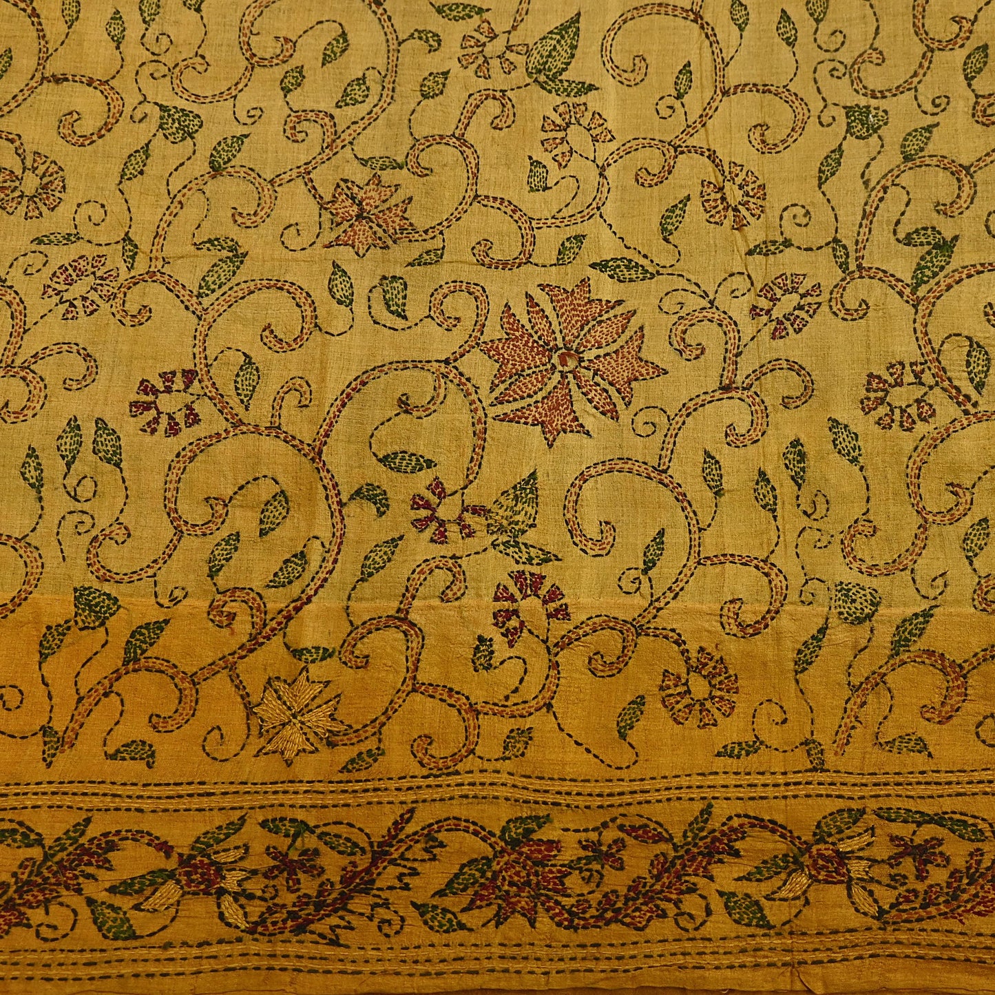 Indian Vintage Saffron Saree 100% Pure Silk Hand Embroidered Kantha Sari Fabric 5Yd Sewing Floral Sequin