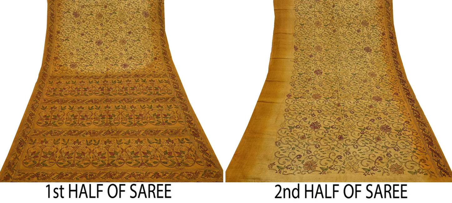 Indian Vintage Saffron Saree 100% Pure Silk Hand Embroidered Kantha Sari Fabric 5Yd Sewing Floral Sequin