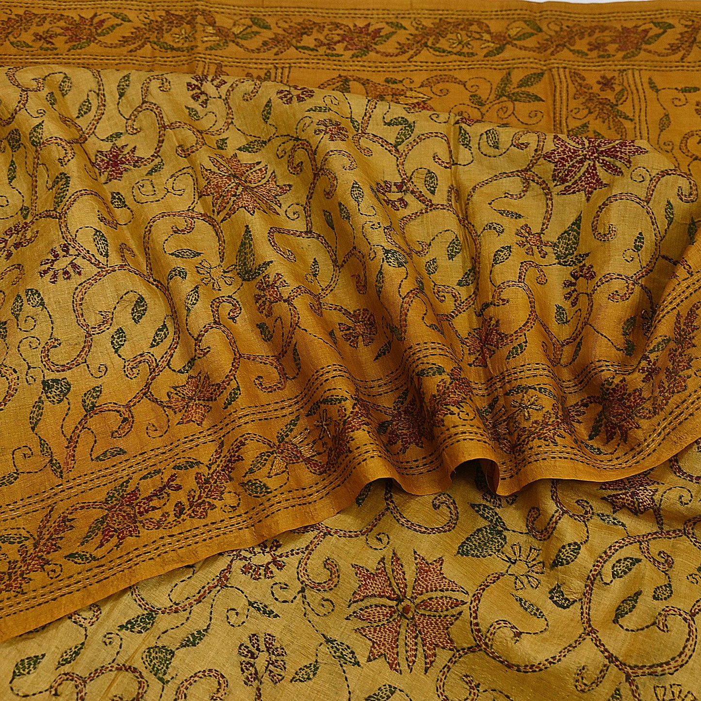 Indian Vintage Saffron Saree 100% Pure Silk Hand Embroidered Kantha Sari Fabric 5Yd Sewing Floral Sequin