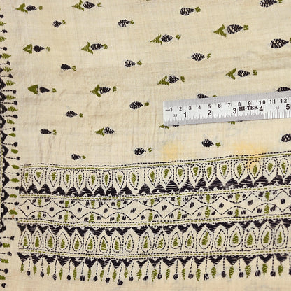 Indian Vintage Ivory Saree 100% Pure Silk Hand Embroidered Kantha Sari Fabric 5Yd Sewing Floral Sequin