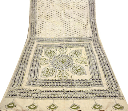 Indian Vintage Ivory Saree 100% Pure Silk Hand Embroidered Kantha Sari Fabric 5Yd Sewing Floral Sequin