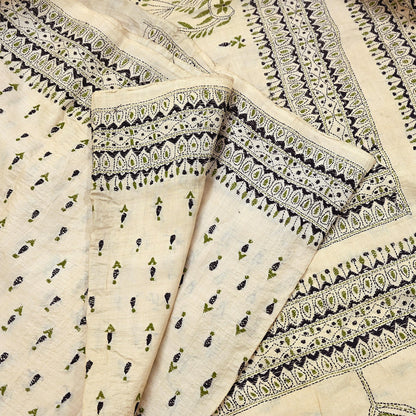 Indian Vintage Ivory Saree 100% Pure Silk Hand Embroidered Kantha Sari Fabric 5Yd Sewing Floral Sequin