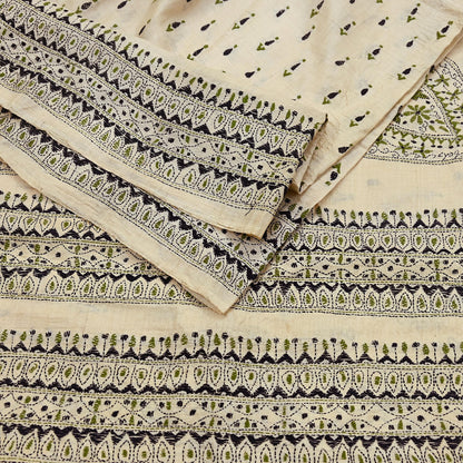 Indian Vintage Ivory Saree 100% Pure Silk Hand Embroidered Kantha Sari Fabric 5Yd Sewing Floral Sequin