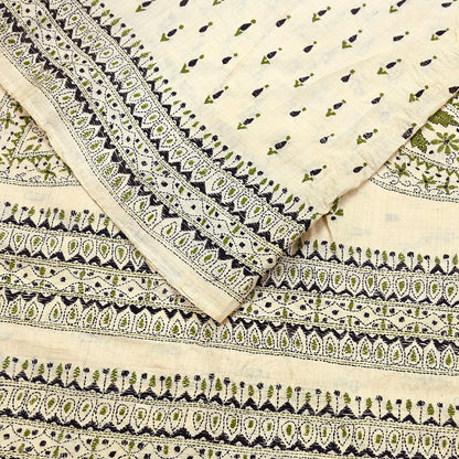 Indian Vintage Ivory Saree 100% Pure Silk Hand Embroidered Kantha Sari Fabric 5Yd Sewing Floral Sequin