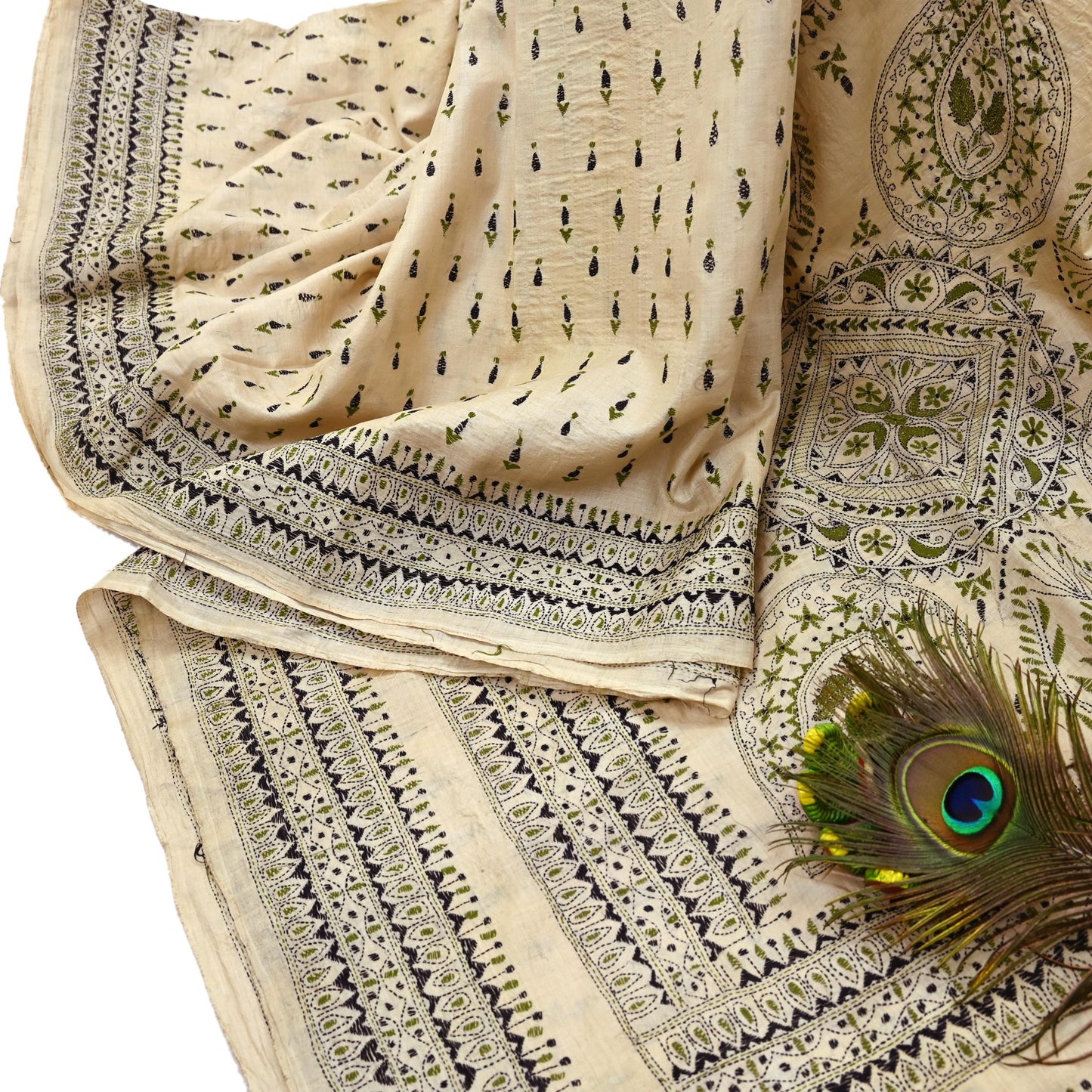Indian Vintage Ivory Saree 100% Pure Silk Hand Embroidered Kantha Sari Fabric 5Yd Sewing Floral Sequin