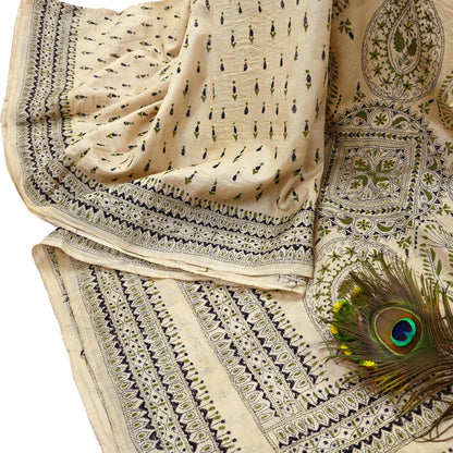 Indian Vintage Ivory Saree 100% Pure Silk Hand Embroidered Kantha Sari Fabric 5Yd Sewing Floral Sequin