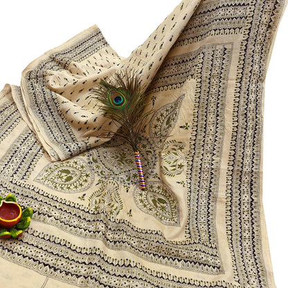 Indian Vintage Ivory Saree 100% Pure Silk Hand Embroidered Kantha Sari Fabric 5Yd Sewing Floral Sequin