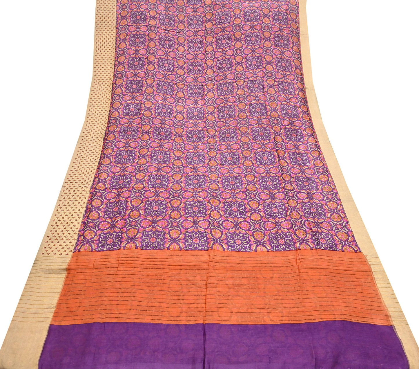 Vintage Purple orange Pure Khadi Silk Saree 5Yd Handloom Indian Sari Soft Fabric Sustainable Craft Textile Boho Dressmaking Material