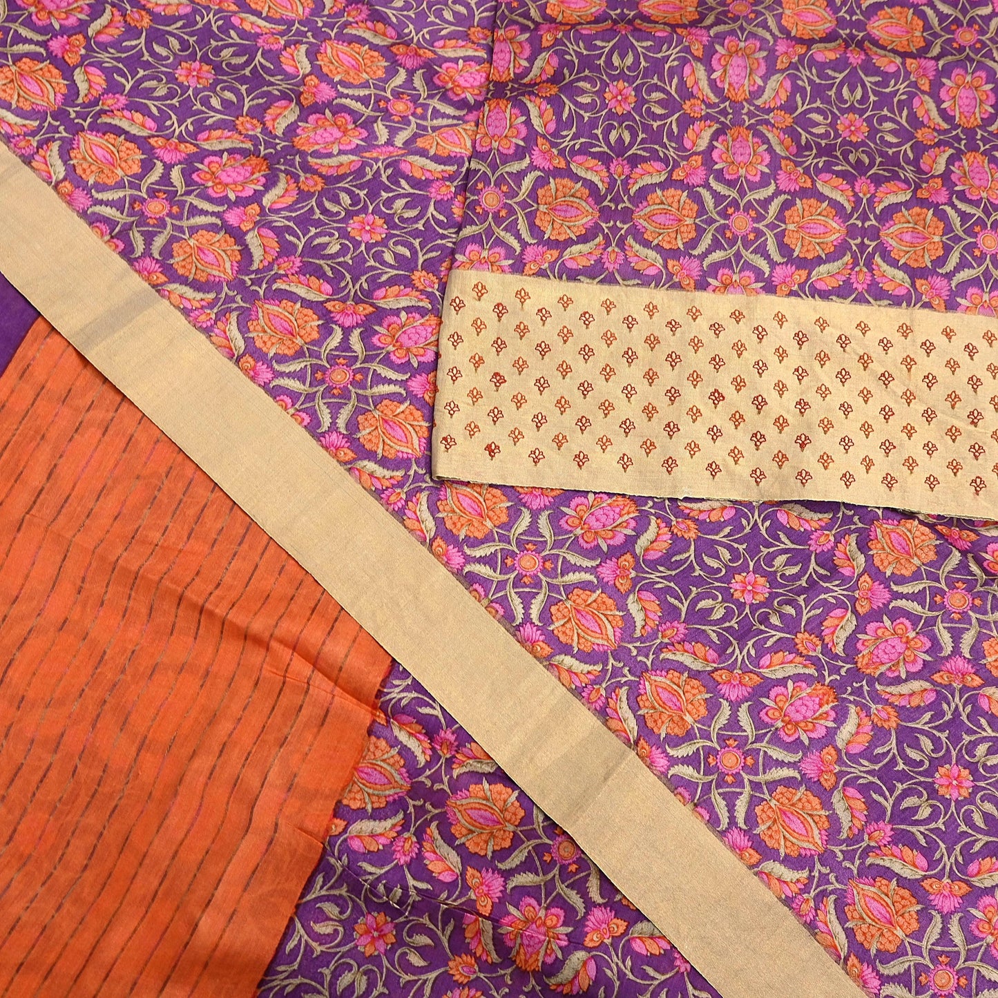 Vintage Purple orange Pure Khadi Silk Saree 5Yd Handloom Indian Sari Soft Fabric Sustainable Craft Textile Boho Dressmaking Material