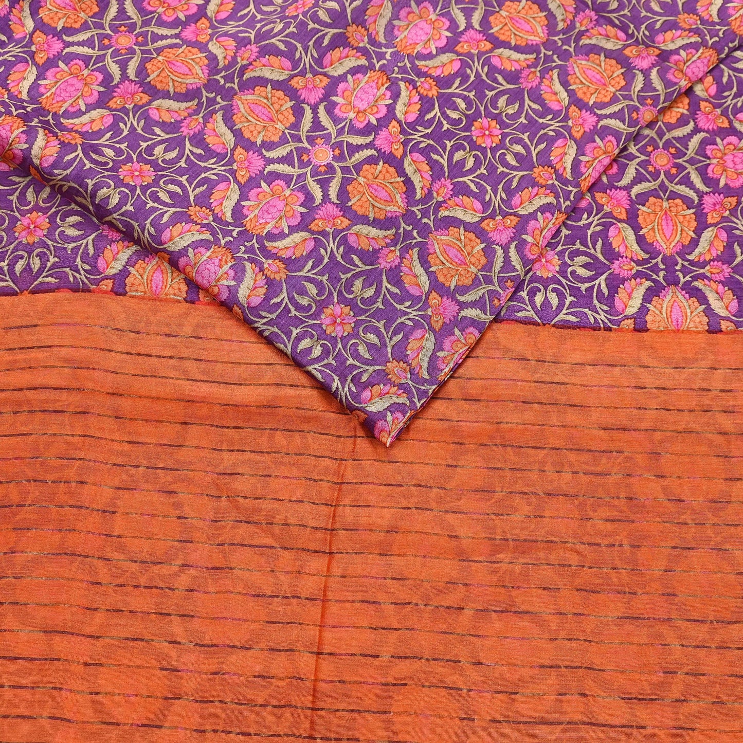 Vintage Purple orange Pure Khadi Silk Saree 5Yd Handloom Indian Sari Soft Fabric Sustainable Craft Textile Boho Dressmaking Material