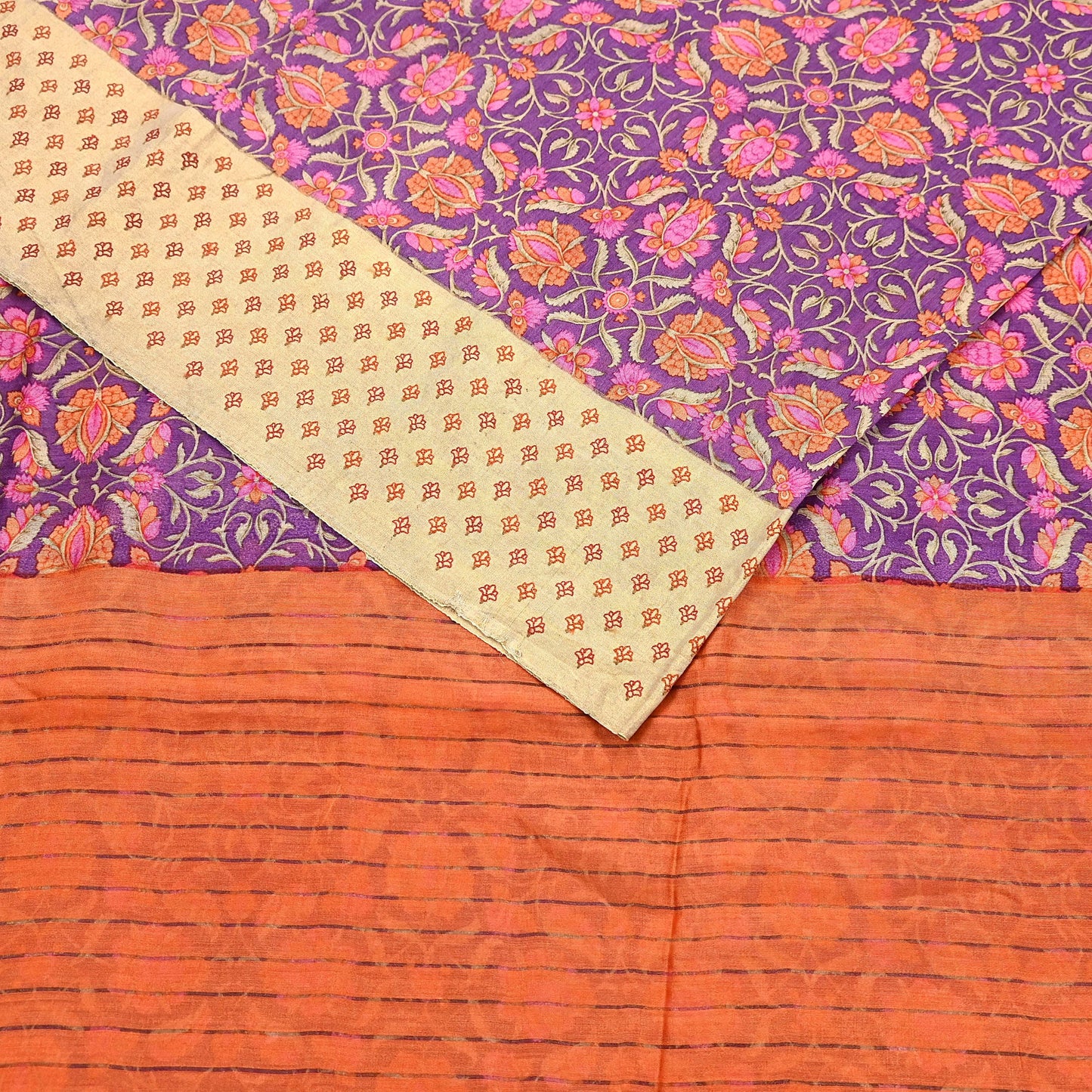 Vintage Purple orange Pure Khadi Silk Saree 5Yd Handloom Indian Sari Soft Fabric Sustainable Craft Textile Boho Dressmaking Material