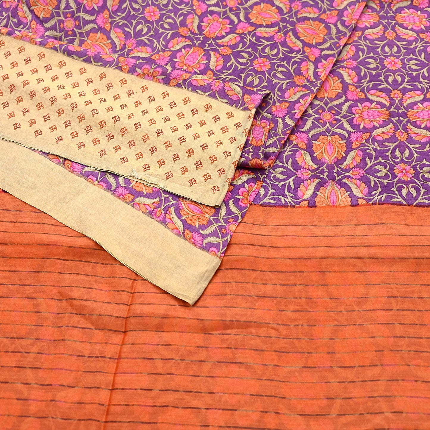 Vintage Purple orange Pure Khadi Silk Saree 5Yd Handloom Indian Sari Soft Fabric Sustainable Craft Textile Boho Dressmaking Material