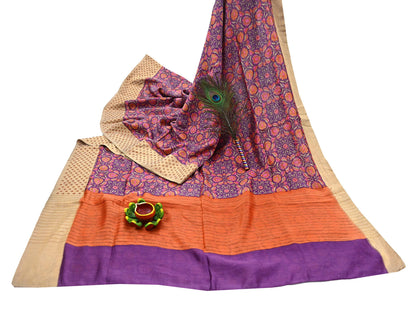Vintage Purple orange Pure Khadi Silk Saree 5Yd Handloom Indian Sari Soft Fabric Sustainable Craft Textile Boho Dressmaking Material