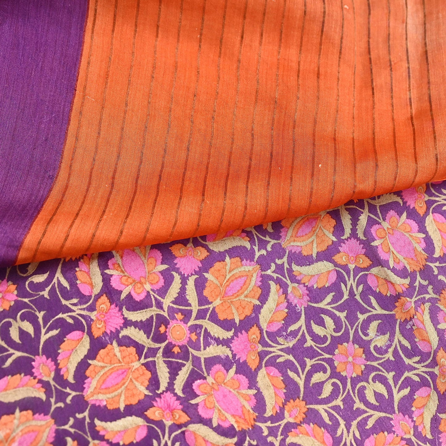 Vintage Purple orange Pure Khadi Silk Saree 5Yd Handloom Indian Sari Soft Fabric Sustainable Craft Textile Boho Dressmaking Material