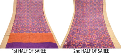 Vintage Purple orange Pure Khadi Silk Saree 5Yd Handloom Indian Sari Soft Fabric Sustainable Craft Textile Boho Dressmaking Material