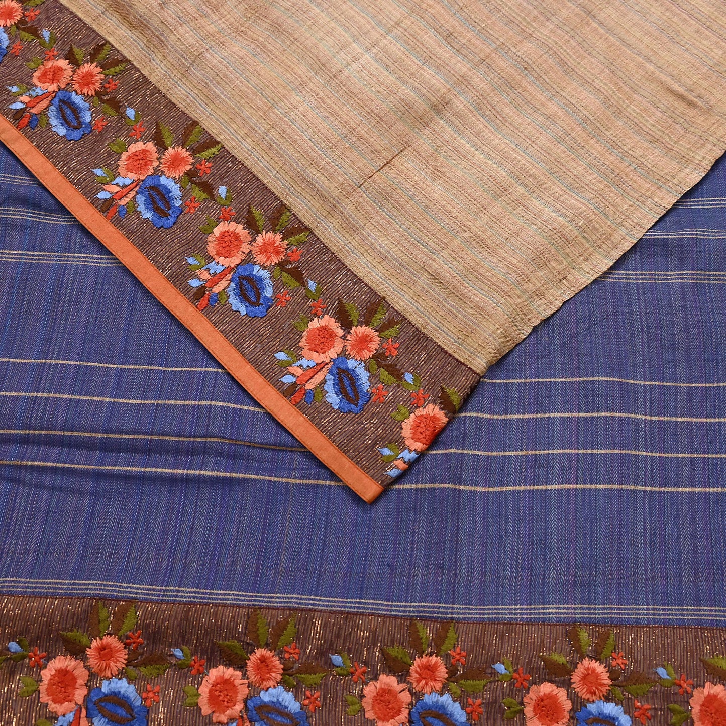 Vintage Blue beige Green Wool Saree Indian Pure Wool Floral Woven Fabric 5 Yard Soft Warm Craft Material for Winter Dressmaking & Sewing