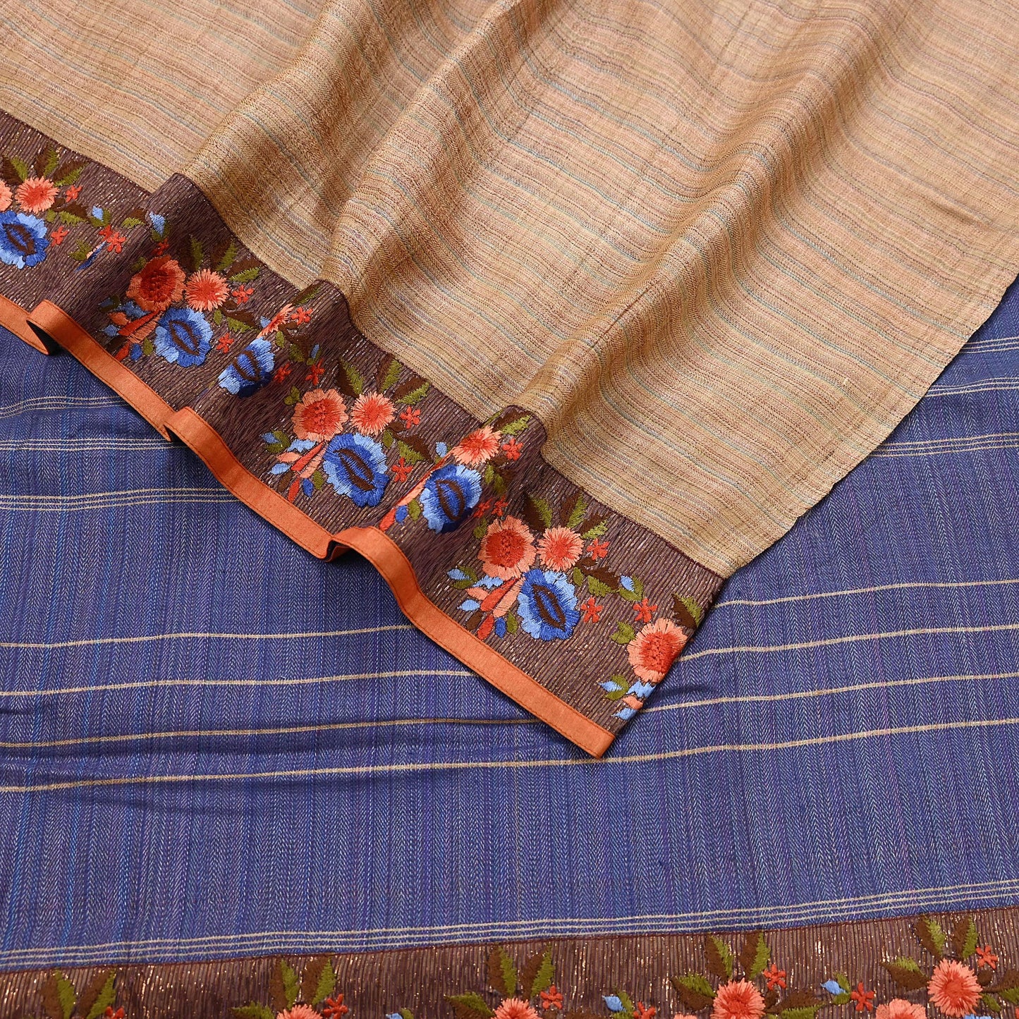 Vintage Blue beige Green Wool Saree Indian Pure Wool Floral Woven Fabric 5 Yard Soft Warm Craft Material for Winter Dressmaking & Sewing