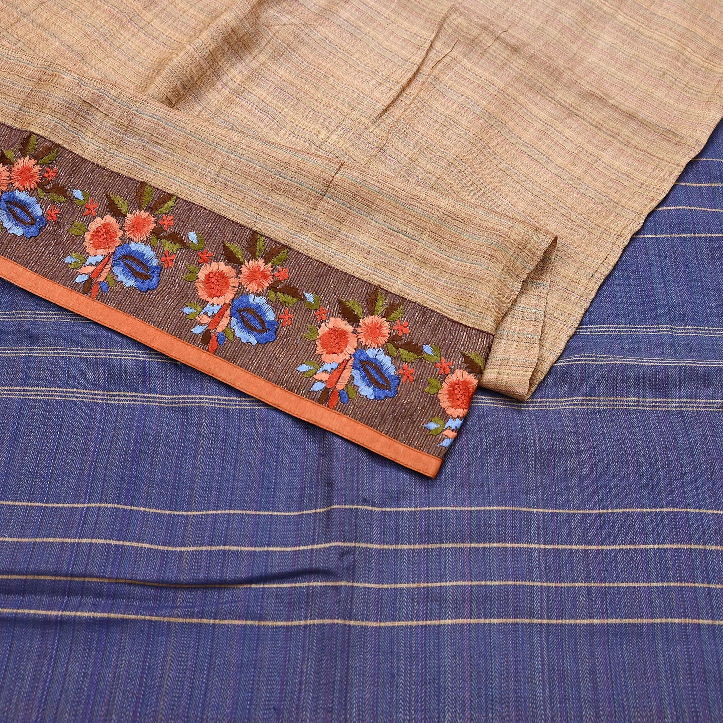 Vintage Blue beige Green Wool Saree Indian Pure Wool Floral Woven Fabric 5 Yard Soft Warm Craft Material for Winter Dressmaking & Sewing