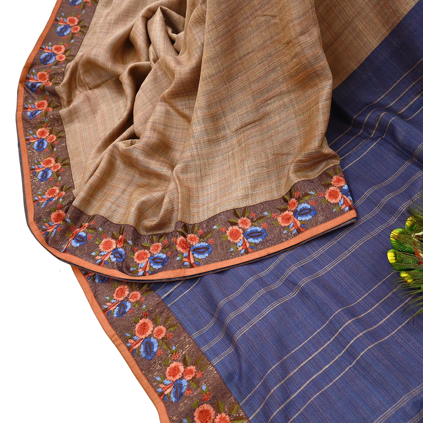 Vintage Blue beige Green Wool Saree Indian Pure Wool Floral Woven Fabric 5 Yard Soft Warm Craft Material for Winter Dressmaking & Sewing