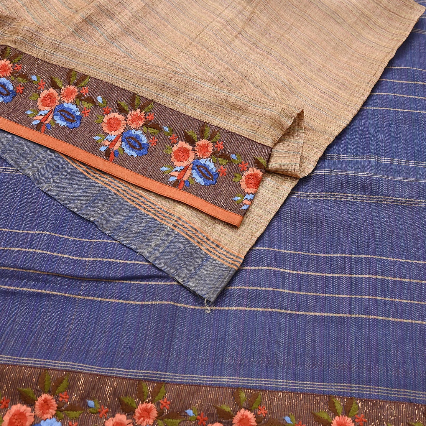 Vintage Blue beige Green Wool Saree Indian Pure Wool Floral Woven Fabric 5 Yard Soft Warm Craft Material for Winter Dressmaking & Sewing