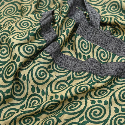 Vintage Beige Green Wool Saree Indian Pure Wool Floral Woven Fabric 6 Yard Soft Warm Craft Material for Winter Dressmaking & Sewing