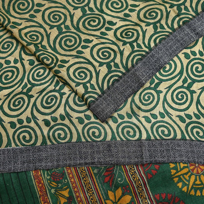 Vintage Beige Green Wool Saree Indian Pure Wool Floral Woven Fabric 6 Yard Soft Warm Craft Material for Winter Dressmaking & Sewing