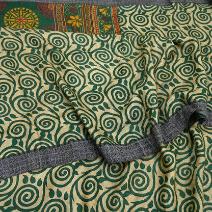Vintage Beige Green Wool Saree Indian Pure Wool Floral Woven Fabric 6 Yard Soft Warm Craft Material for Winter Dressmaking & Sewing