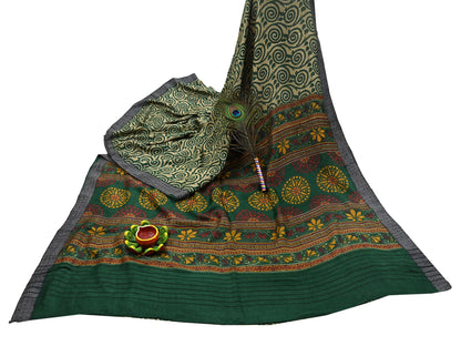 Vintage Beige Green Wool Saree Indian Pure Wool Floral Woven Fabric 6 Yard Soft Warm Craft Material for Winter Dressmaking & Sewing