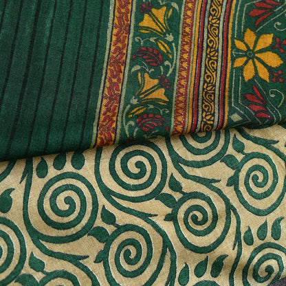 Vintage Beige Green Wool Saree Indian Pure Wool Floral Woven Fabric 6 Yard Soft Warm Craft Material for Winter Dressmaking & Sewing