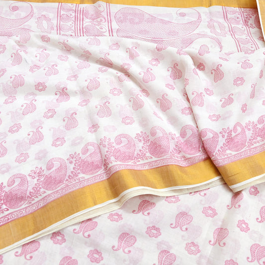 Indian Vintage Sari White & pink Printed 100% Pure Cotton Sarees Craft Fabric 5Yd Sewing Sarong Wrap Boho Quilting Crafting zari border