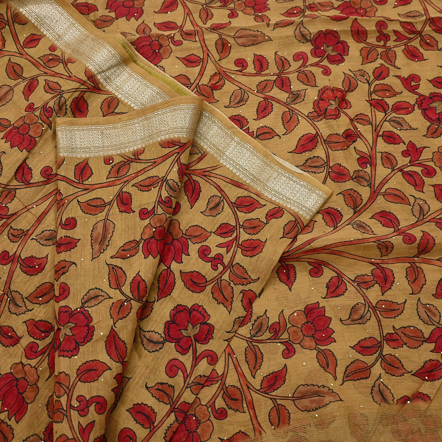 Indian Vintage Sari Pure chanderi Silk Kalamkari Print Saree Craft Fabric 5Yd Soft Zari Border Dress making bollywood Crafting mukesh
