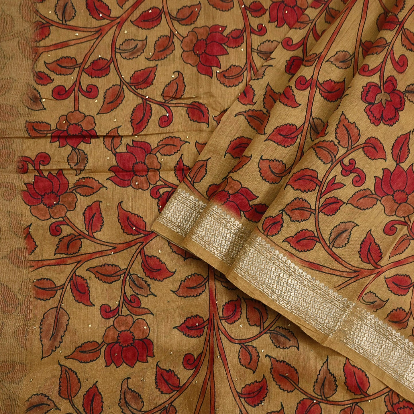 Indian Vintage Sari Pure chanderi Silk Kalamkari Print Saree Craft Fabric 5Yd Soft Zari Border Dress making bollywood Crafting mukesh