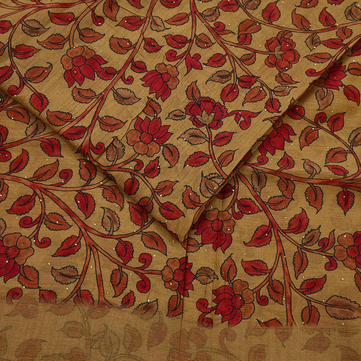 Indian Vintage Sari Pure chanderi Silk Kalamkari Print Saree Craft Fabric 5Yd Soft Zari Border Dress making bollywood Crafting mukesh