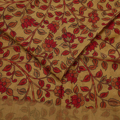 Indian Vintage Sari Pure chanderi Silk Kalamkari Print Saree Craft Fabric 5Yd Soft Zari Border Dress making bollywood Crafting mukesh