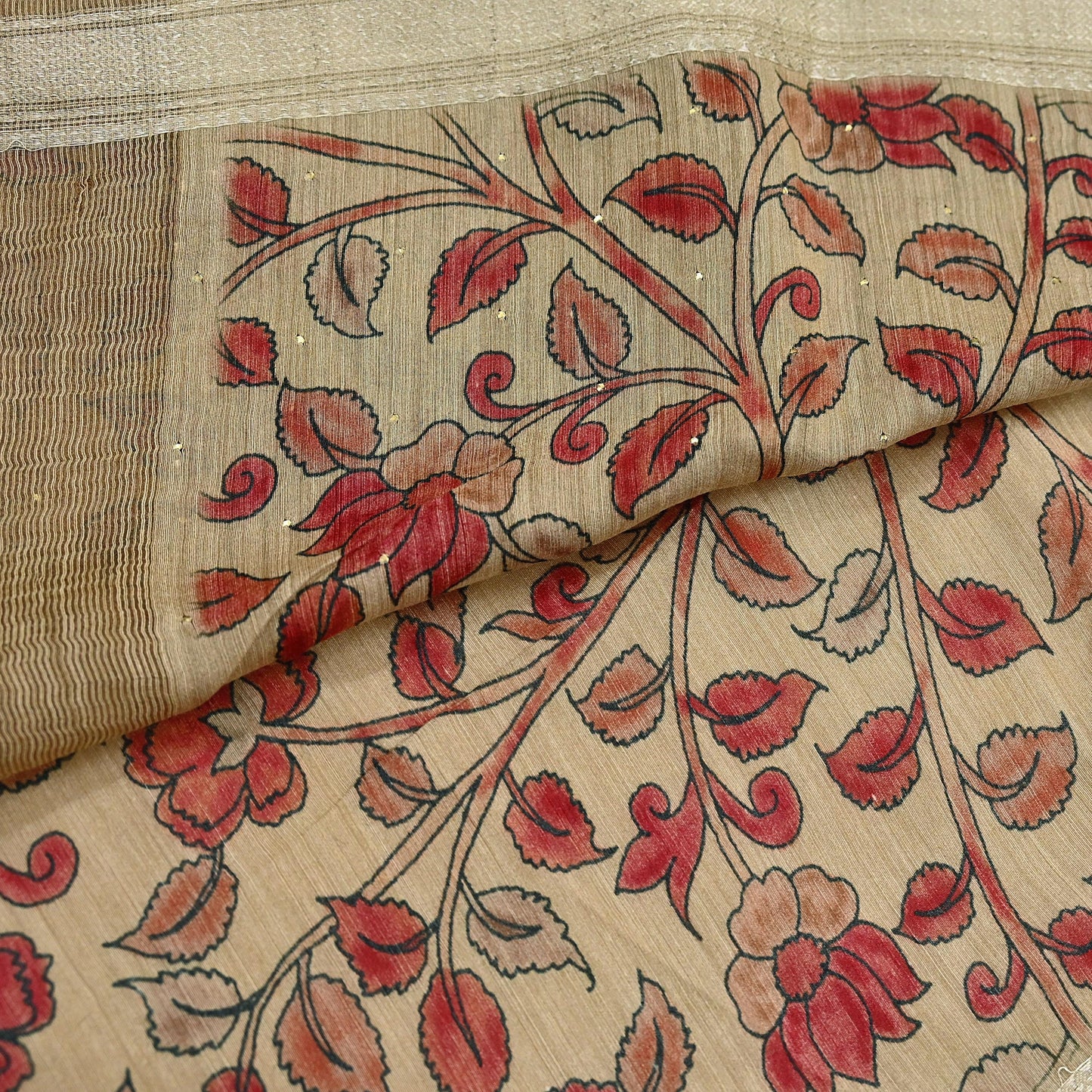 Indian Vintage Sari Pure chanderi Silk Kalamkari Print Saree Craft Fabric 5Yd Soft Zari Border Dress making bollywood Crafting mukesh