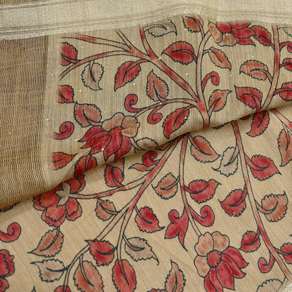 Indian Vintage Sari Pure chanderi Silk Kalamkari Print Saree Craft Fabric 5Yd Soft Zari Border Dress making bollywood Crafting mukesh