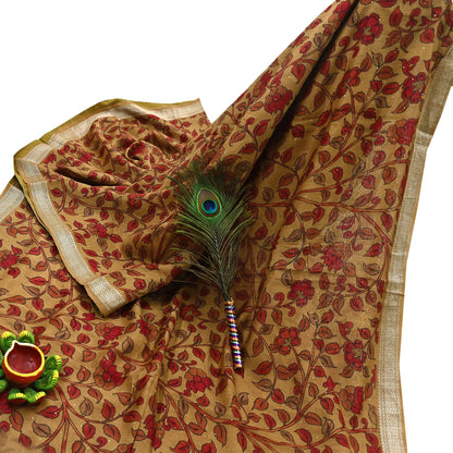 Indian Vintage Sari Pure chanderi Silk Kalamkari Print Saree Craft Fabric 5Yd Soft Zari Border Dress making bollywood Crafting mukesh