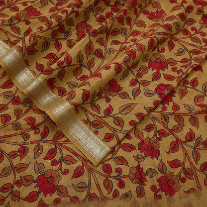 Indian Vintage Sari Pure chanderi Silk Kalamkari Print Saree Craft Fabric 5Yd Soft Zari Border Dress making bollywood Crafting mukesh