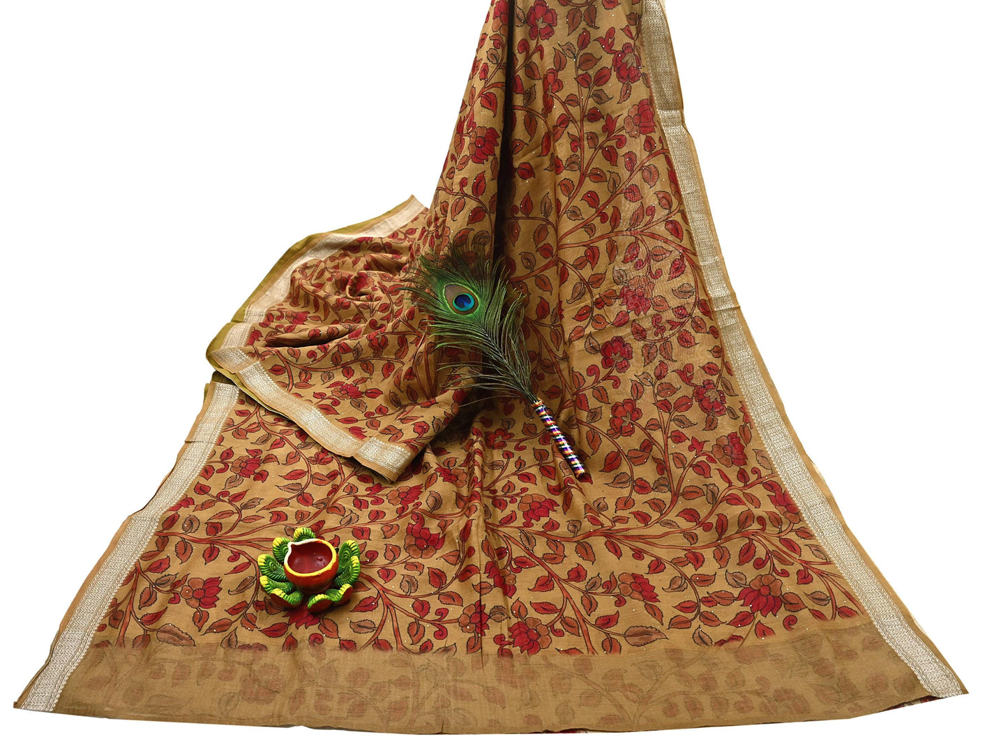 Indian Vintage Sari Pure chanderi Silk Kalamkari Print Saree Craft Fabric 5Yd Soft Zari Border Dress making bollywood Crafting mukesh