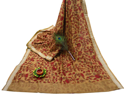 Indian Vintage Sari Pure chanderi Silk Kalamkari Print Saree Craft Fabric 5Yd Soft Zari Border Dress making bollywood Crafting mukesh