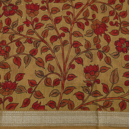 Indian Vintage Sari Pure chanderi Silk Kalamkari Print Saree Craft Fabric 5Yd Soft Zari Border Dress making bollywood Crafting mukesh