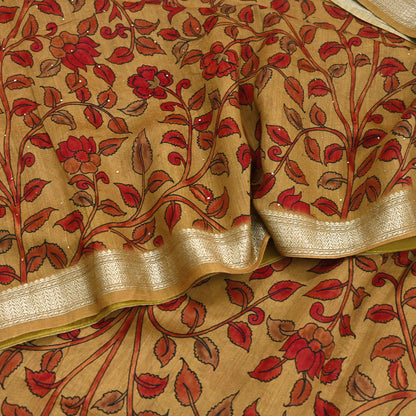 Indian Vintage Sari Pure chanderi Silk Kalamkari Print Saree Craft Fabric 5Yd Soft Zari Border Dress making bollywood Crafting mukesh