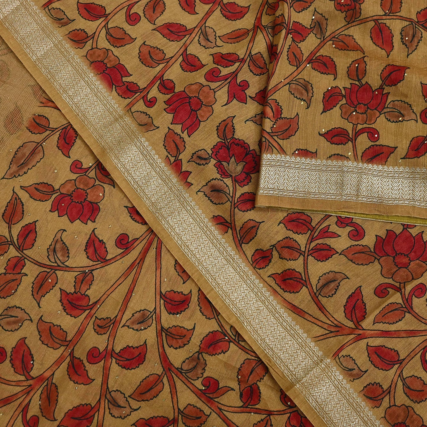 Indian Vintage Sari Pure chanderi Silk Kalamkari Print Saree Craft Fabric 5Yd Soft Zari Border Dress making bollywood Crafting mukesh