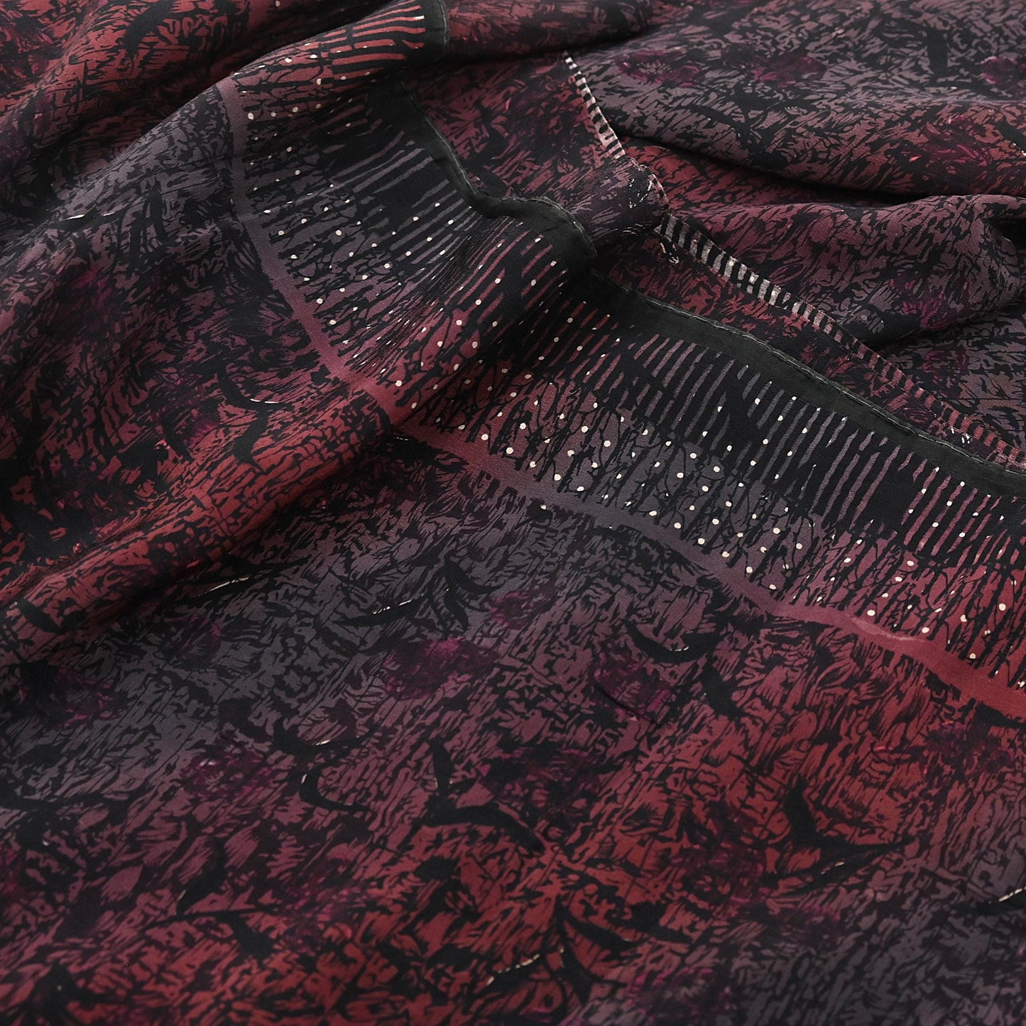 Indian Vintage brown black Pure Crepe Silk Saree Floral Print 5 Yards Soft Sewing Fabric for Dressmaking, Quilting, Crafting Upcycling
