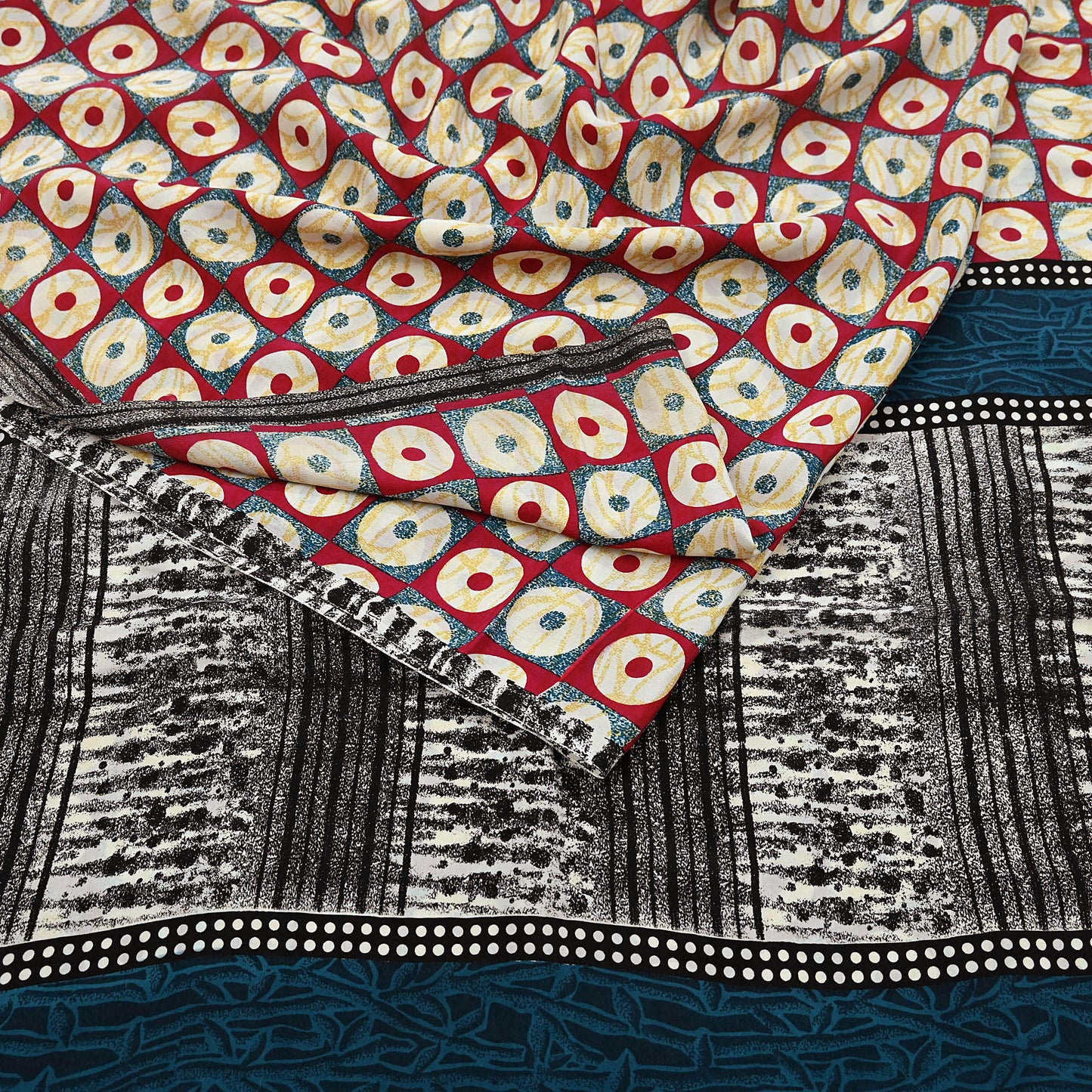 Indian Vintage red & Blue Pure Crepe Silk Saree Floral Print 6 Yards Soft Sewing Fabric for Dressmaking, Quilting, Crafting Upcycling