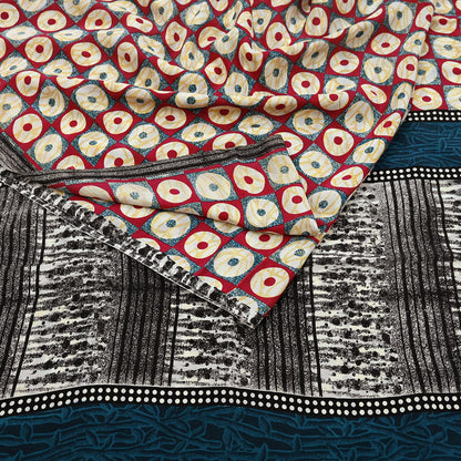 Indian Vintage red & Blue Pure Crepe Silk Saree Floral Print 6 Yards Soft Sewing Fabric for Dressmaking, Quilting, Crafting Upcycling