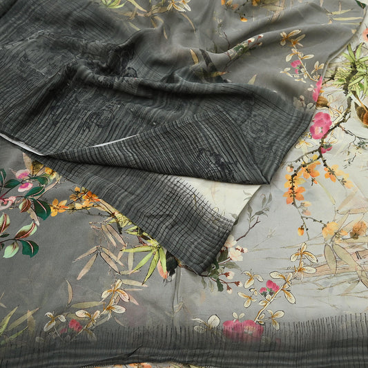 Women Vintage Sari gray & ivory Pure Georgette Silk Digital Printed Saree Craft Fabric Sewing 5Yd Light Dress Making Geometric Crafting