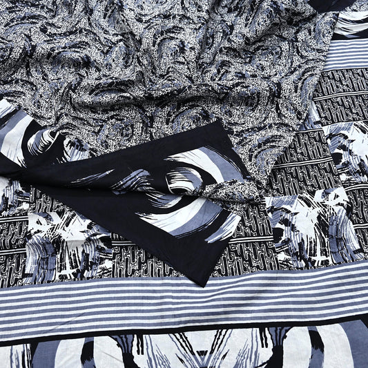 Vintage white black Pure Silk Saree Indian Printed Floral Silk Fabric 5 Yard Soft Sewing Material for Dressmaking, Quilting Crafts